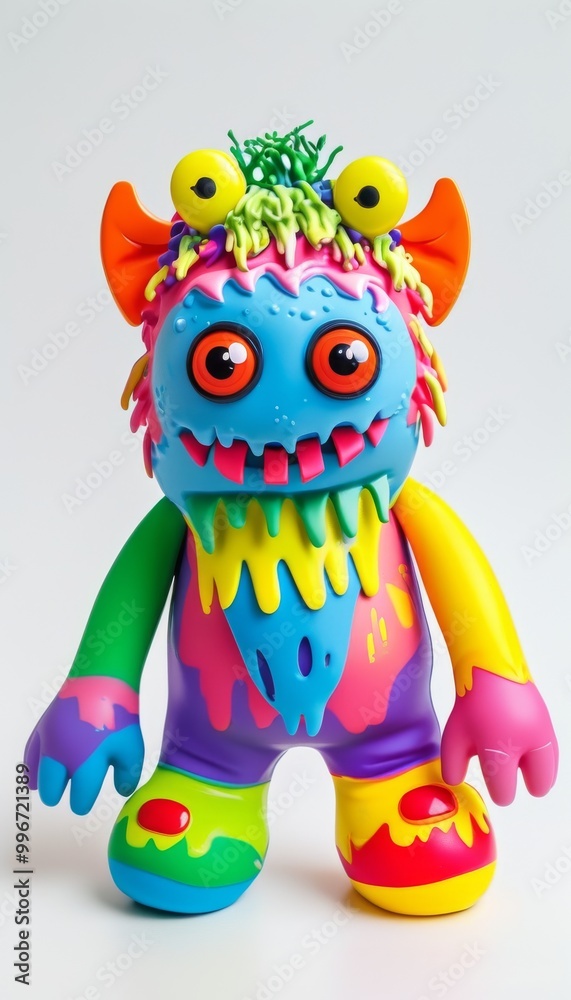 Fototapeta premium Vibrant monster toy featuring a playful rainbow color scheme and expressive features, perfect for children's play and imaginative fun.