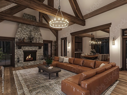 Cozy and inviting cabin inspired great room with a large leather sectional sofa stone fireplace exposed wooden beams and rustic color accents creating a warm and muted cinematic lighting atmosphere photo