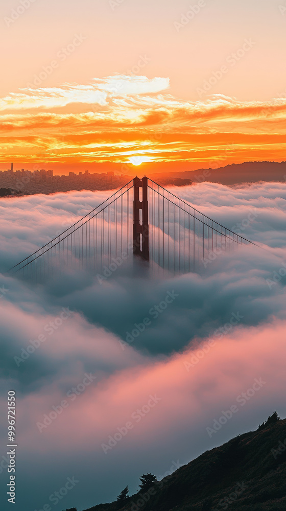 Obraz premium Golden Gate Bridge emerges from mist at sunset, creating stunning view. vibrant colors of sky reflect on fog, evoking sense of tranquility and awe