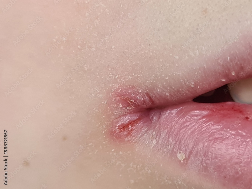 Fototapeta premium Close-up view of inflamed skin around the lip area, highlighting skin irritation and potential infection