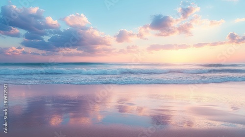 Serene Sunset Over Tranquil Ocean Waves and Pink Sandy Beach