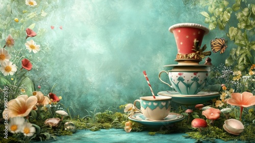 Mad Hatter's Floating Tea Shop Banner background of Mad Hatter Day theme banner design for microstock, no text, and wide copy space, Mad Hatter's Floating Tea Shop, 