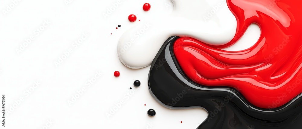 A red and black liquid flows down the side of a white and black container, filled with white and red liquids A red and black liquid flows down the side of a white and black container, filled with white and red liquids