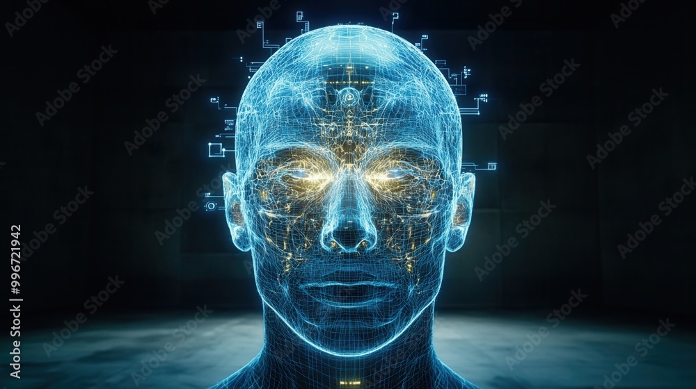 Fototapeta premium A futuristic digital head with glowing circuits, symbolizing artificial intelligence and modern technology.