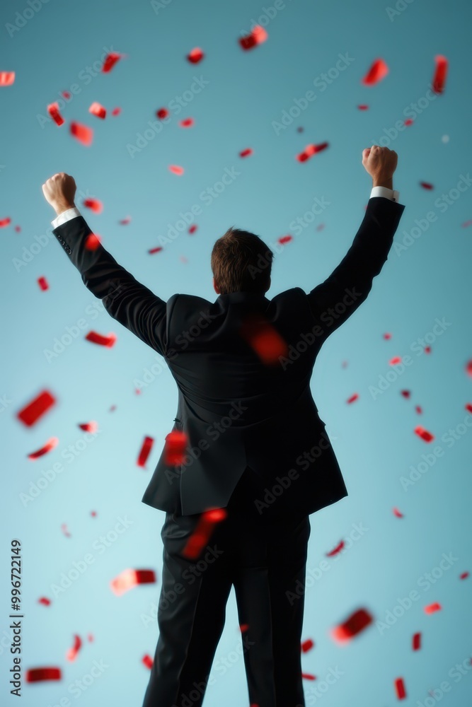 a man in a suit is surrounded by red confetti