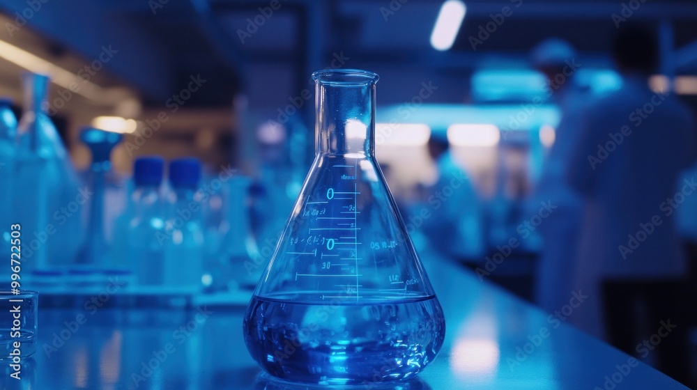 A laboratory scene featuring a blue liquid in a flask, with scientists in the background. A laboratory scene featuring a blue liquid in a flask, with scientists in the background.