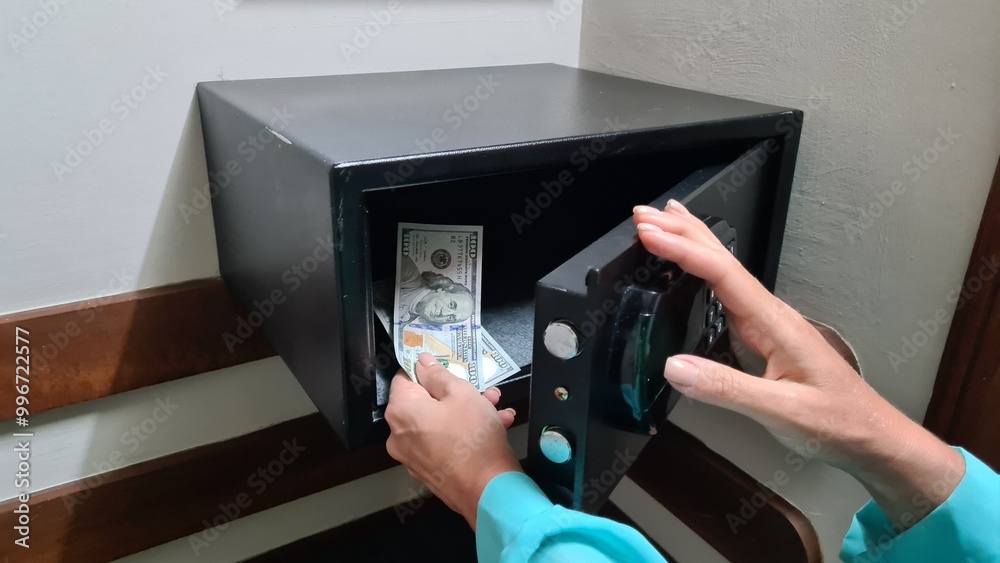 Person securing cash in a small black safe within a wooden cabinet in a private setting Person securing cash in a small black safe within a wooden cabinet in a private setting