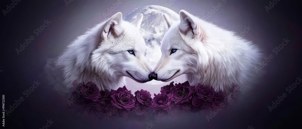 Two white wolves face off, roses flanking their paws Full moon rises ...