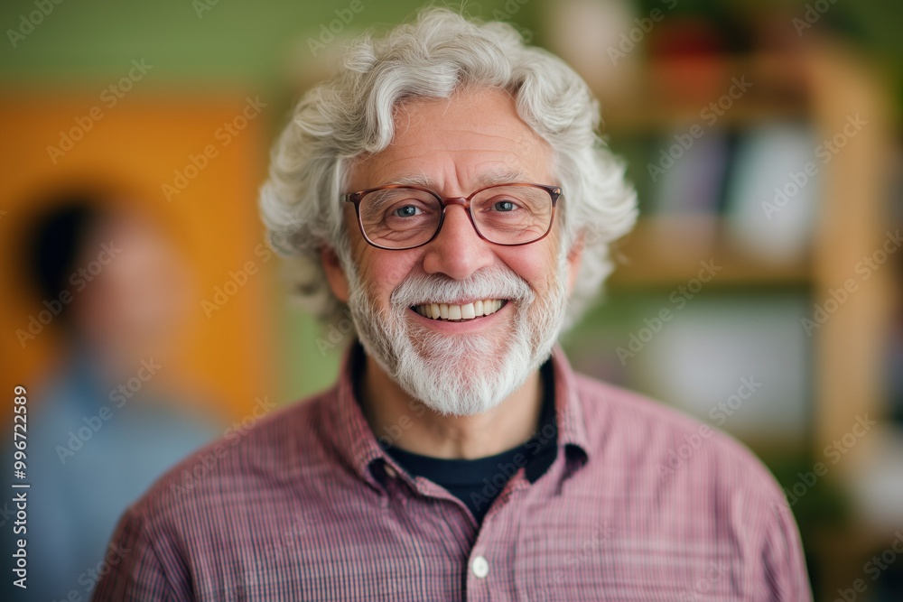 Portrait of a smiling elderly man with white hair and glasses in a casual setting. Portrait of a smiling elderly man with white hair and glasses in a casual setting.