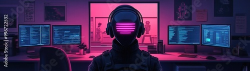 A futuristic digital landscape featuring a person in a headset and vibrant neon lights, showcasing advanced technology and gaming culture. photo