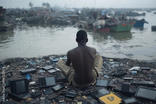 A lone man sitting on a pile of discarded electronics by a polluted riverbank in a desolate landscape photo