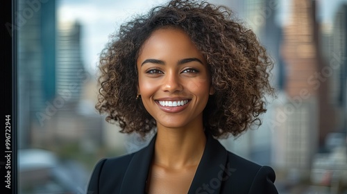 Portrait of a Smiling Woman with Curly Hair in a Black Blazer Against a Blurred Cityscape Background