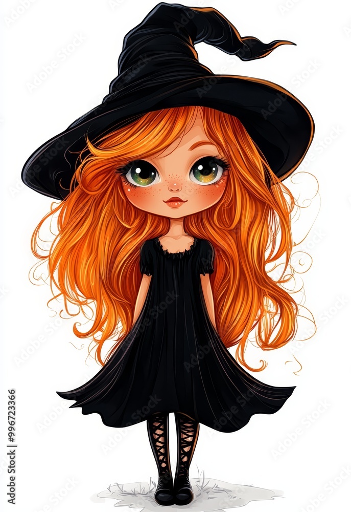  A drawing of a young girl in a witch's hat and a black dress, her long red hair framing a face with green eyes