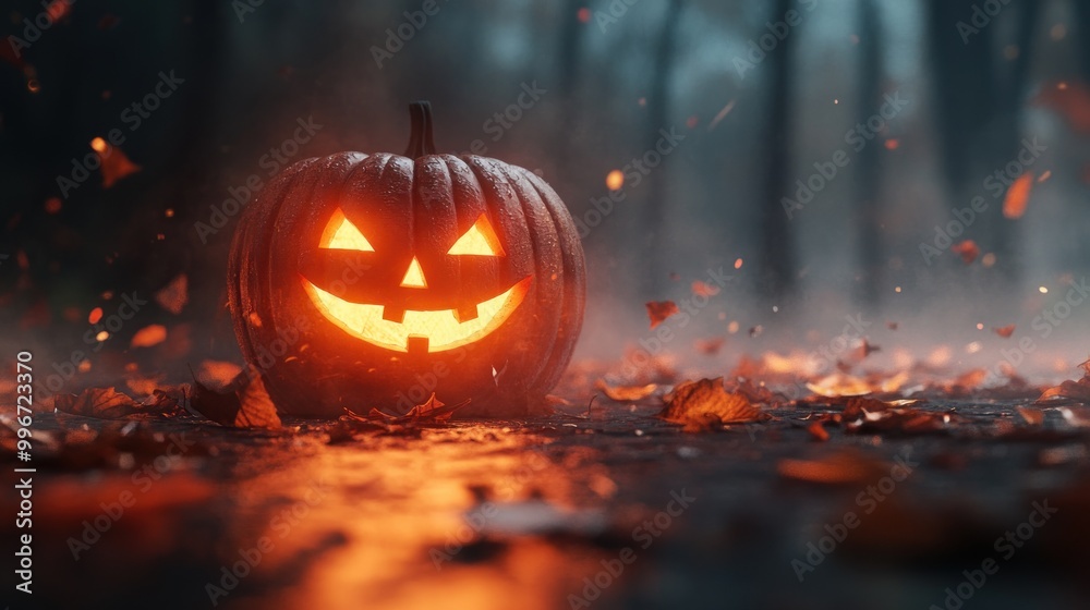 A glowing jack-o'-lantern amidst fallen leaves in a misty forest setting. A glowing jack-o'-lantern amidst fallen leaves in a misty forest setting.