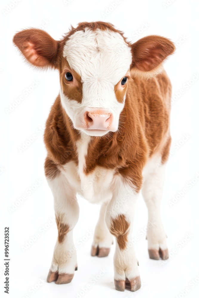 a small brown and white calf standing in front of a white background a small brown and white calf standing in front of a white background