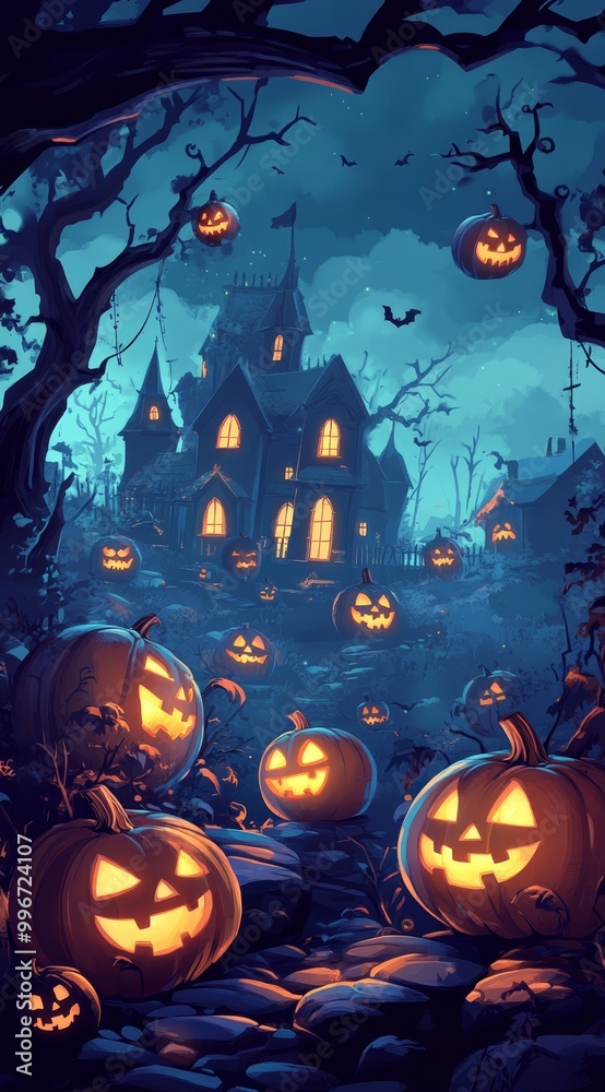 A house fronted by a jack-o-lantern pumpkin ensemble, surrounded by a graveyard filled with such gourds A house fronted by a jack-o-lantern pumpkin ensemble, surrounded by a graveyard filled with such gourds