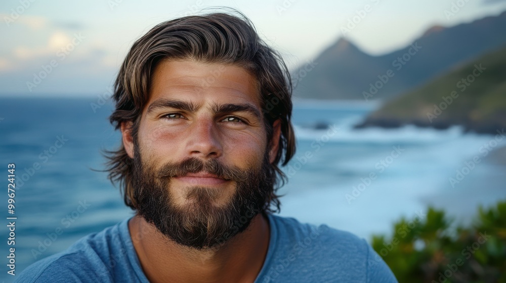 Man with beard and casual attire enjoying a scenic seaside view. Man with beard and casual attire enjoying a scenic seaside view.