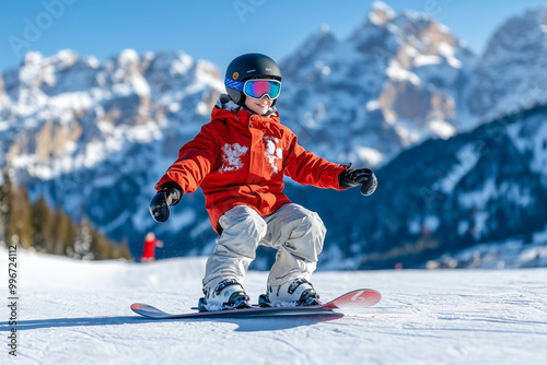 Teen boy snowboarding down a snowy mountain slope