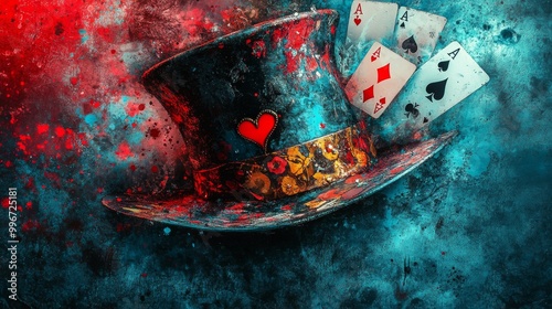 Mad Hatter's Hat with Playing Cards Banner background of Mad Hatter Day theme banner design for microstock, no text, and wide copy space, Mad Hatter's Hat with Playing Car