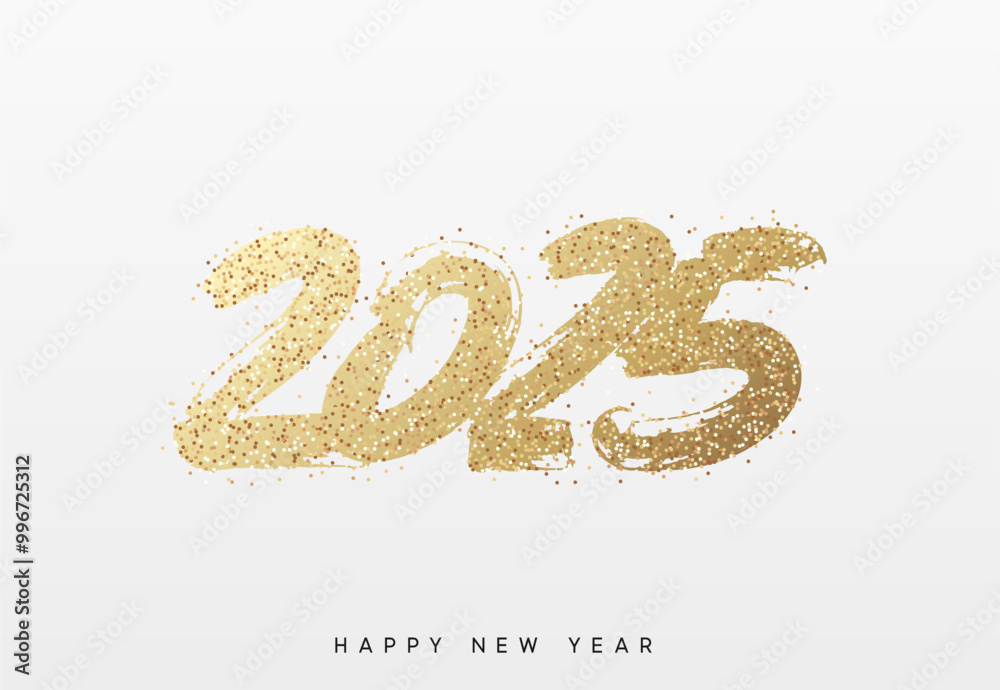 Happy New Year written number golden glitter 2025. Gold glittered 2025 text in a bold, hand painted style on a white background. Vector illustration Happy New Year written number golden glitter 2025. Gold glittered 2025 text in a bold, hand painted style on a white background. Vector illustration