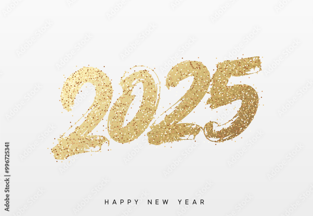 Happy New Year written number golden glitter 2025. Gold glittered 2025 text in a bold, hand painted style on a white background. Vector illustration Happy New Year written number golden glitter 2025. Gold glittered 2025 text in a bold, hand painted style on a white background. Vector illustration
