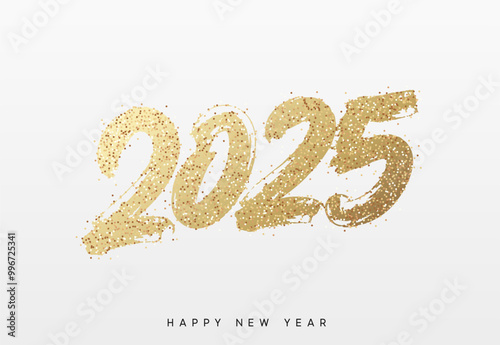 Happy New Year written number golden glitter 2025. Gold glittered 2025 text in a bold, hand painted style on a white background. Vector illustration