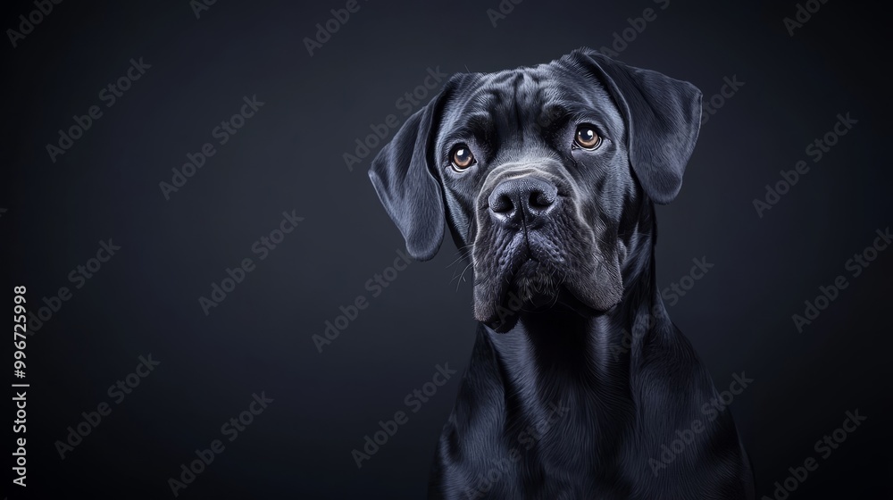 Close-up of a dog's intense face against a black backdrop Close-up of a dog's intense face against a black backdrop