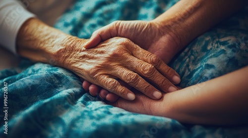Close-up of a cancer patientâ€™s hand being held by a family member, conveying support and care.