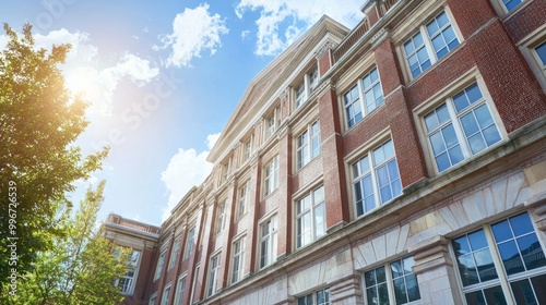 University building with a banner promoting available college scholarships.