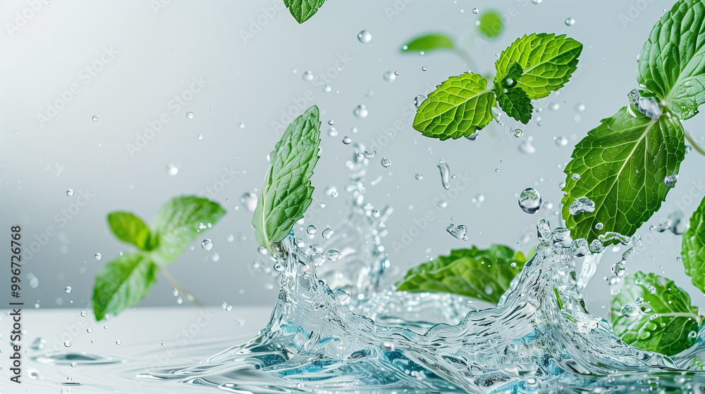 Levitating mint leaves in splashes of levitating water Levitating mint leaves in splashes of levitating water