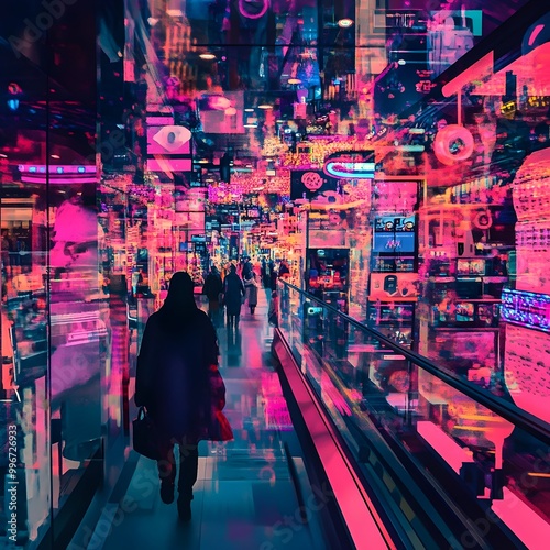 Chaotic Black Friday retail pandemonium featuring a disorienting sensory kaleidoscope of savvy shoppers mesmerizing kinetic displays and a hyper stylized synthwave inspired design