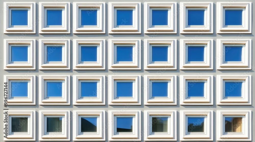 The exterior wall of an office building features a detailed arrangement of numerous windows in varying sizes and shapes, showcasing a modern urban design with clean lines The exterior wall of an office building features a detailed arrangement of numerous windows in varying sizes and shapes, showcasing a modern urban design with clean lines