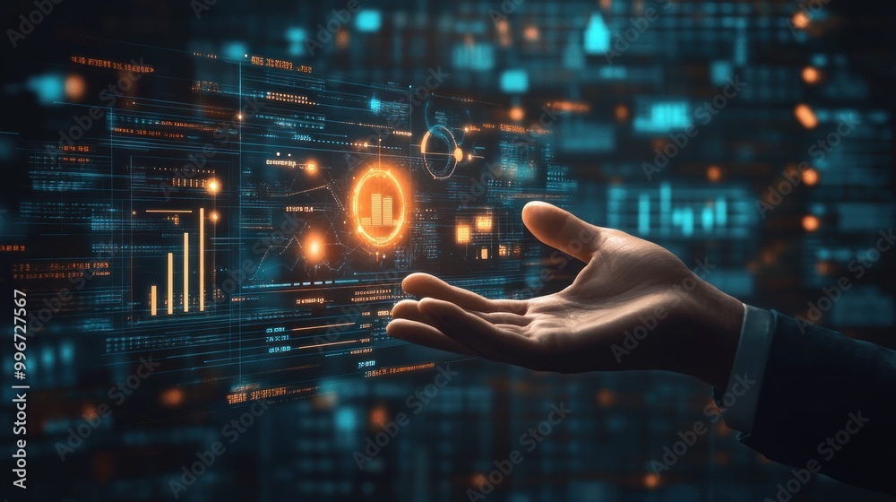 A hand reaching out to a digital interface displaying data and analytics. A hand reaching out to a digital interface displaying data and analytics.