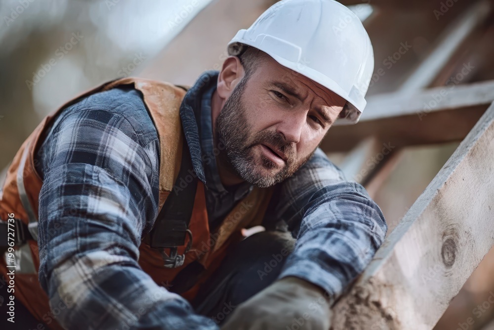 a man in a hard hat and vest is working on a wooden beam a man in a hard hat and vest is working on a wooden beam