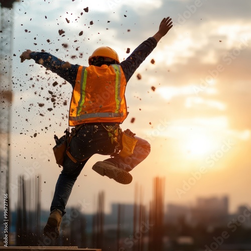a construction worker jumping into the air