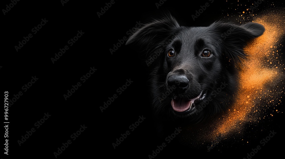 A tight shot of a black dog's muzzle, exuding orange particules from its open mouth A tight shot of a black dog's muzzle, exuding orange particules from its open mouth