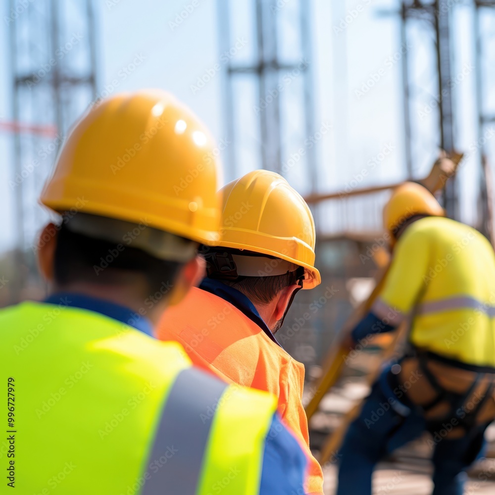 construction workers in yellow vests and hard hats construction workers in yellow vests and hard hats