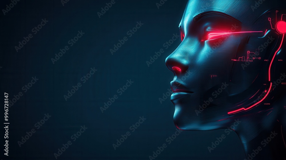 A futuristic robot face illuminated by neon lights, showcasing advanced technology and intricate design details in a dark setting. A futuristic robot face illuminated by neon lights, showcasing advanced technology and intricate design details in a dark setting.