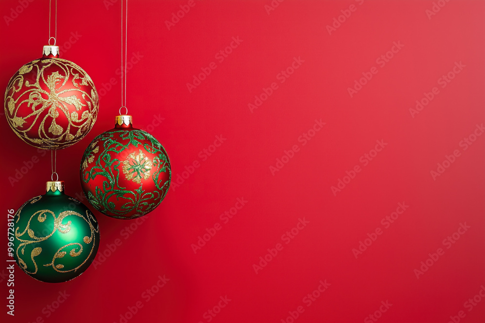 Red and green Christmas-patterned balls on red background Red and green Christmas-patterned balls on red background