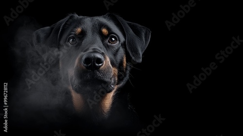  A tight shot of a dog's expressive face with smoke billowing from its muzzle against a black backdrop