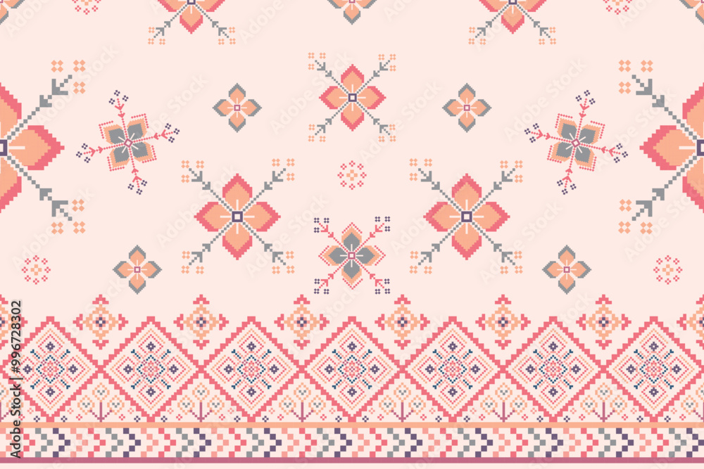 Pixel art flower on pink background wallpaper oriental seamless pattern. Ethnic décor style. Geometric ornament. Vector seamless pattern for blanket, rug, woven carpet fabric. Pixel art flower on pink background wallpaper oriental seamless pattern. Ethnic décor style. Geometric ornament. Vector seamless pattern for blanket, rug, woven carpet fabric.