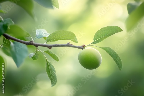 a single, unripe green plum clings to a branch in an australian orchard, surrounded by a sea of green leaves and a soft, natural background. photo