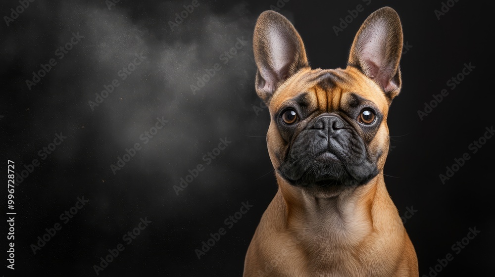 Close-up of a steaming dog's face against a black backdrop Close-up of a steaming dog's face against a black backdrop