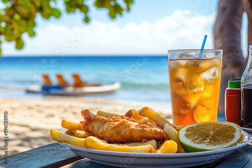 ropical beach setting with fish and chips and beverages photo