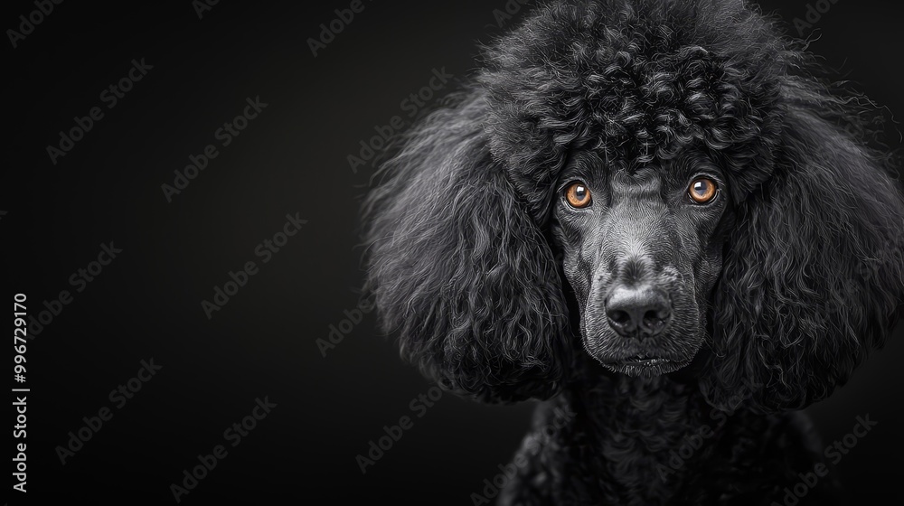 A tight shot of a black Poodle gazing into the camera with a grave expression A tight shot of a black Poodle gazing into the camera with a grave expression