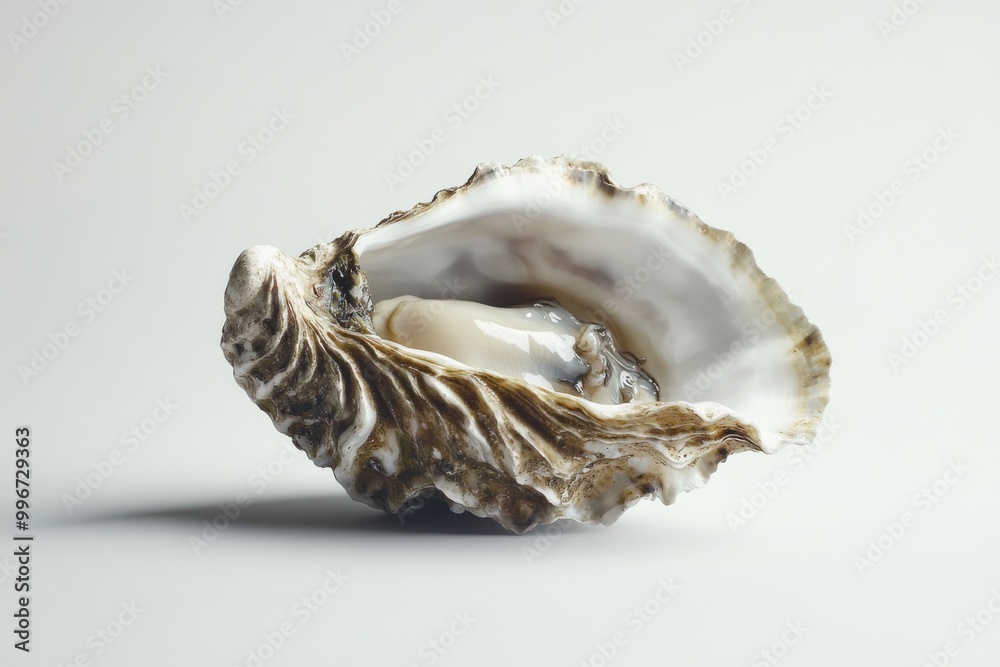 a solitary oyster, expertly shucked and arranged on a pristine white background, its creamy flesh glistening in the light a solitary oyster, expertly shucked and arranged on a pristine white background, its creamy flesh glistening in the light