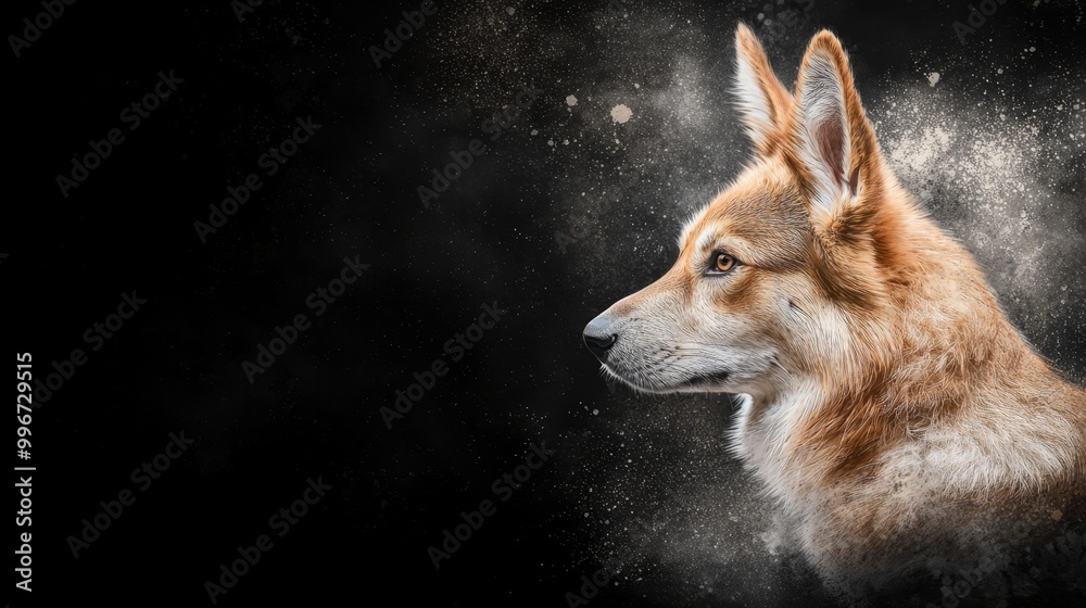 Obraz premium A tight shot of a dog's expressive eyes and snout against a black backdrop, with specks of dust seemingly escaping from its ears