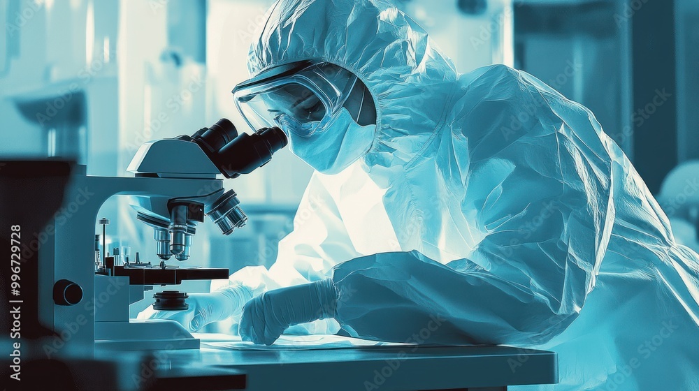 A scientist in protective gear examines samples under a microscope in a lab setting. A scientist in protective gear examines samples under a microscope in a lab setting.