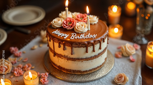 Torta di compleanno con scritta 'Happy Birthday' e decorazioni romantiche