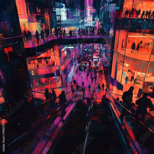 Chaotic Black Friday shopping frenzy in a neon lit futuristic shopping mall with desperate overflowing shoppers and gritty textured digital painting cyberpunk inspired aesthetics photo